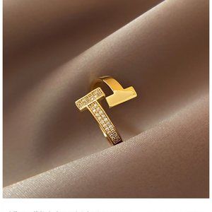 Classic Simple Letter T Luxury Zircon Open Adjustable Ring